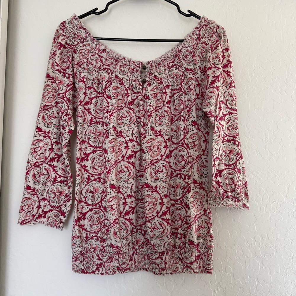 Lucky Brand Pink Cream Paisley 3/4 Long Sleeve Top Smocked Boho Western Blouse